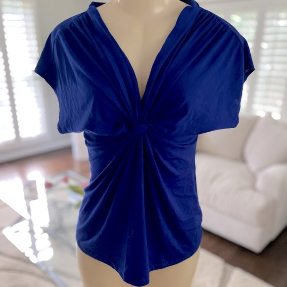 Electric blue drape front short sleeved shirt - Picture 1 of 3
